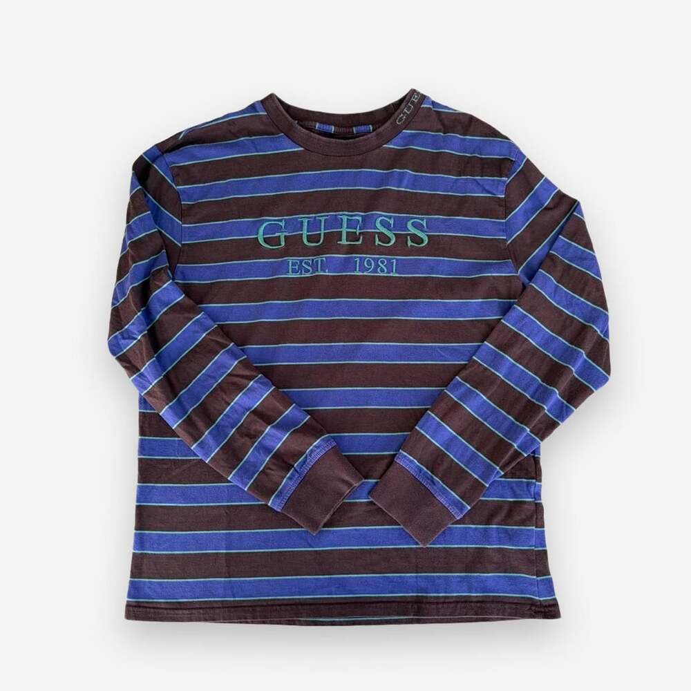 Guess Striped Long Sleeve Tee Size M Brown Purple Est 1981 Embroidered